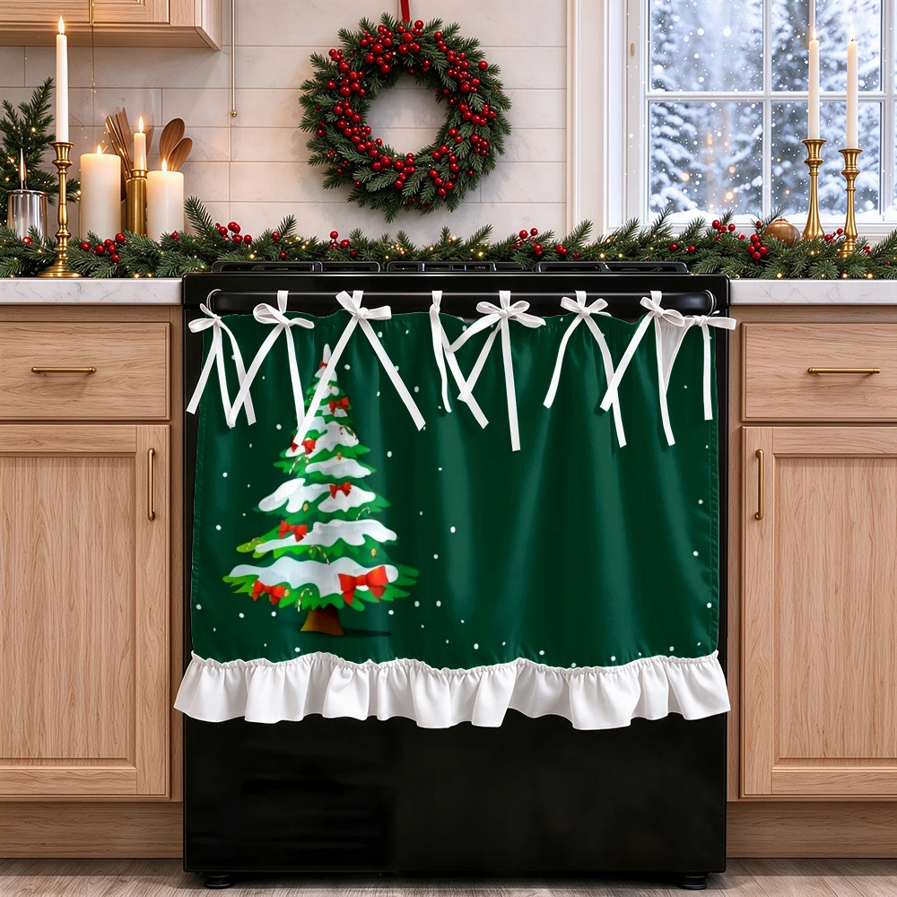 1PC Christmas Tie Up Kitchen Curtain, Dark Green Snowy Christmas Tree Red Bows, Digital Print, Kitchen Dining Room, Home Decor
