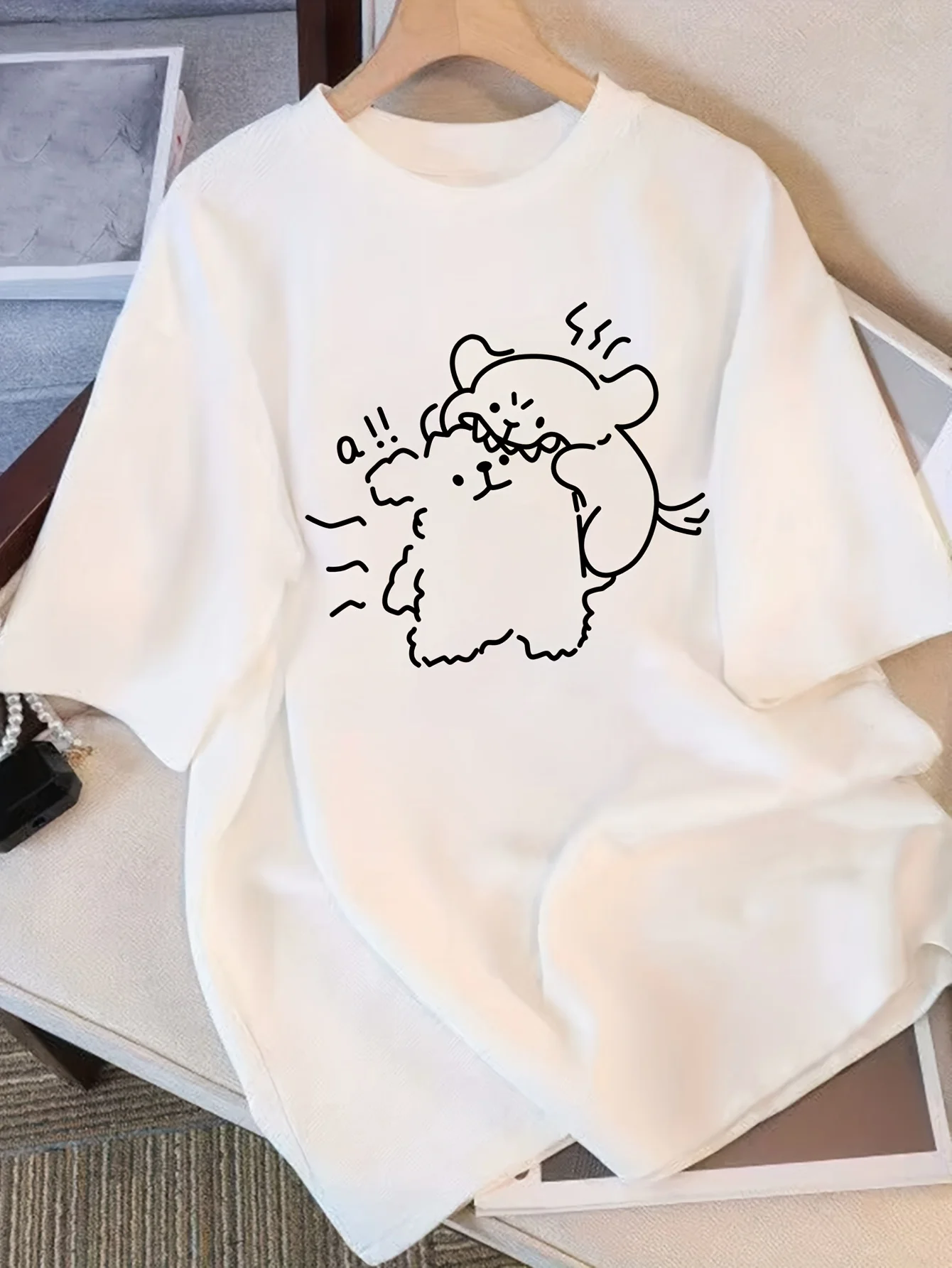 Women's 2025 Summer New Release Cute Pomeranian Dog Print Pure Fit Sleeve Round Neck Casual with Cartoon Graphic