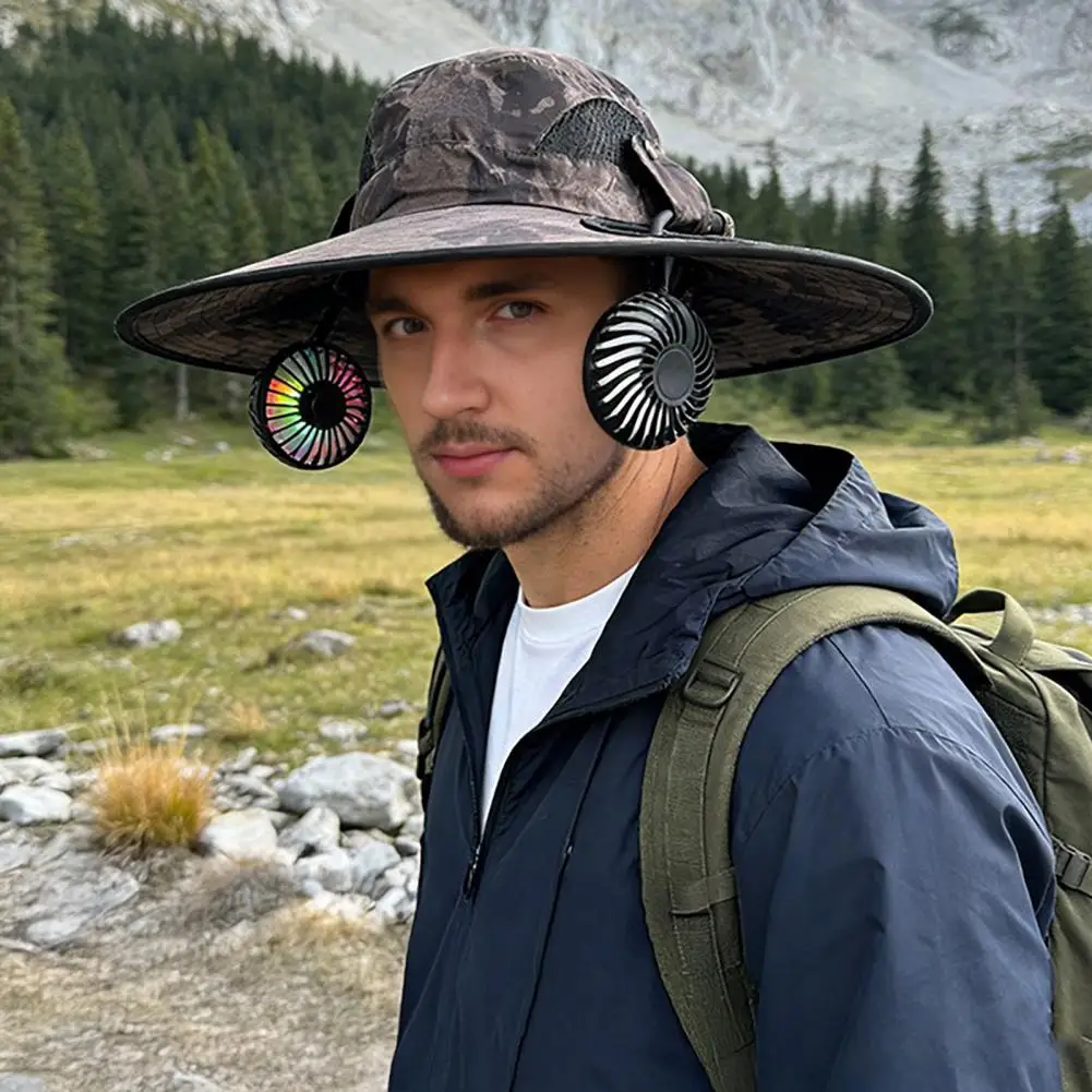 

Outdoor Cooling Bucket Hat Dual Fan 2-in-1 USB Rechargeable Detachable Fans Adjustable Wide Brim Sun Cap Unisex