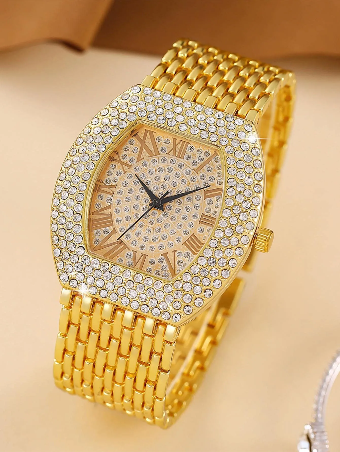 Women Gold Tonneau Watch Full Diamond Bling Roman Dial Stainless Steel Band Quartz Wristwatch
