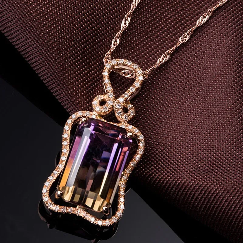 Sparkling Big 6 Carats Purple Amethyst Gemstones Pendant Necklaces for Women Gradient Color Gemstones Rose Gold Jewelry Luxury