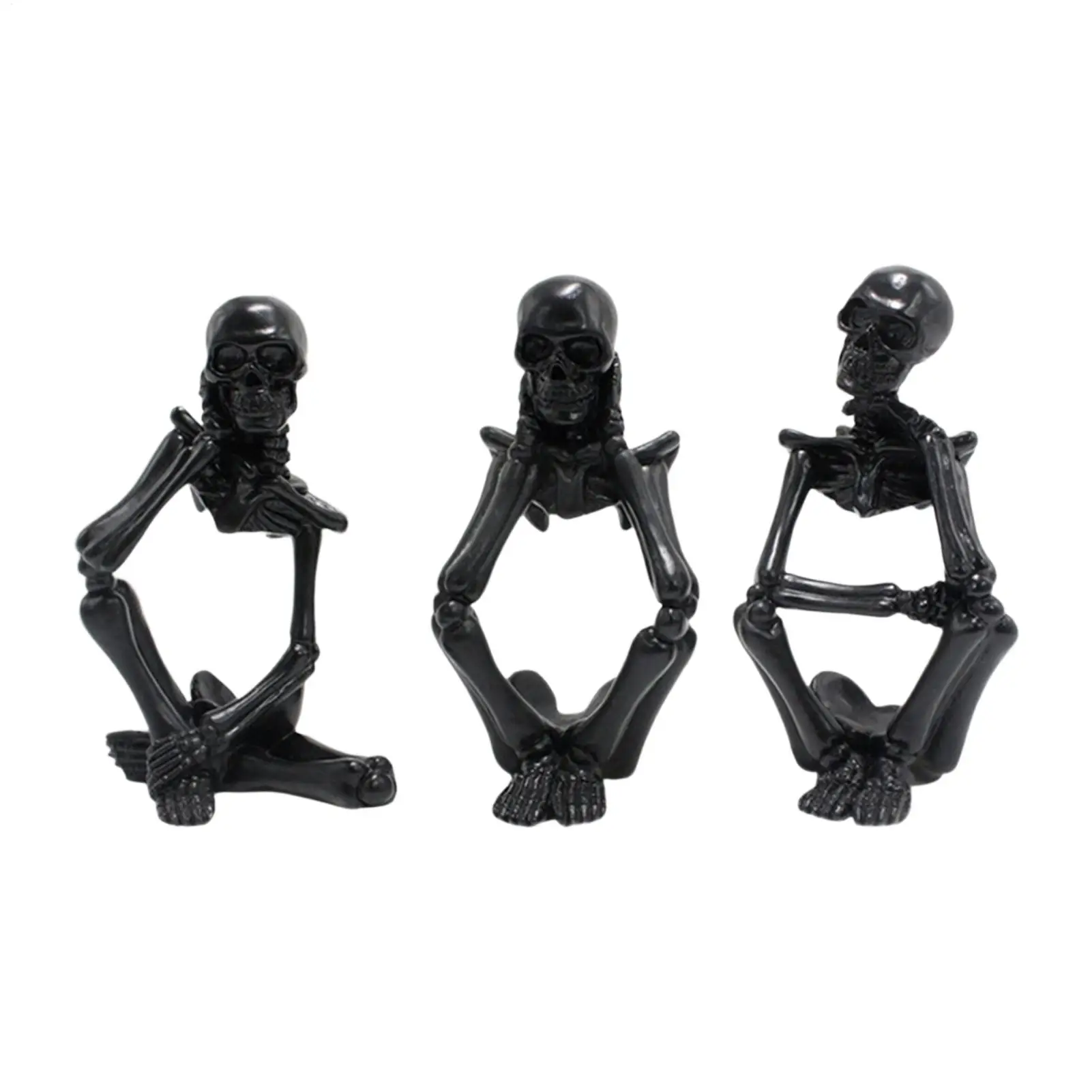 Skull Home Decor 3 Pieces Resin Black Spooky Funny Sitting Pose Halloween Skull Collectible Figurines For Living Room Bedroom