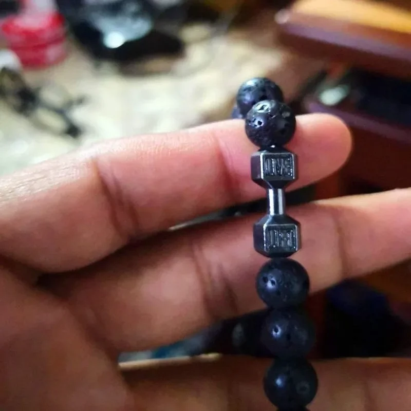 Pulsera Hombre Men Beaded Bracelet Natural Lava Stone Dumbbell Charm Bracelets Energy Fitness Barbell Fashion Women Jewelry
