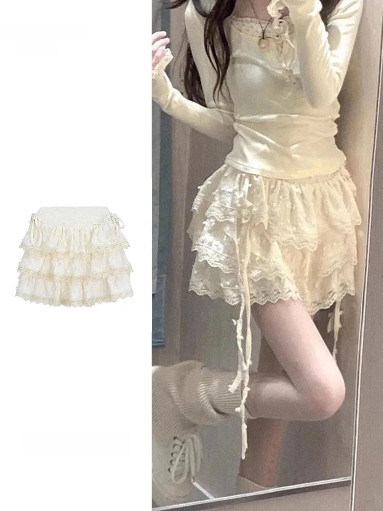 Sweet Lace Trimmed Half Skirt Women's Spring New plus Size Design Cake Skirt High Waist Puffy Short Skirt Yellow Cake Skirt
