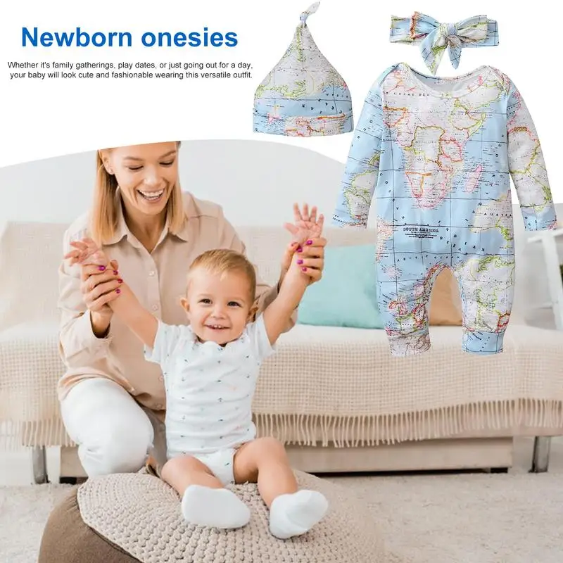 طقم بدلة جسم قطعة واحدة لحديثي الولادة ، ملابس للنساء ، طباعة خريطة العالم ، مريحة وعصرية ، ملابس ، حديثي الولادة