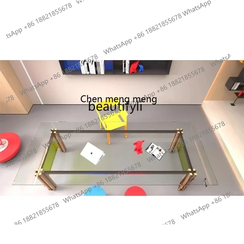 

ss1001 Light luxury creative home bedroom study aluminum profile work desk coffee table tempered glass table desk