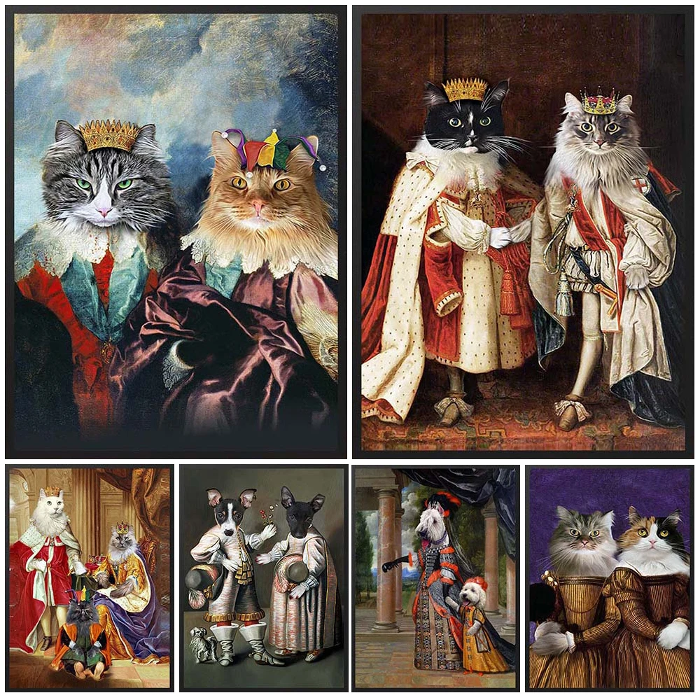 Custom 2 Dogs Cats Animals Funny Vintage Posters Wall Pictures For Living Room Nordic Poster Wall Art Canvas Painting Unframed