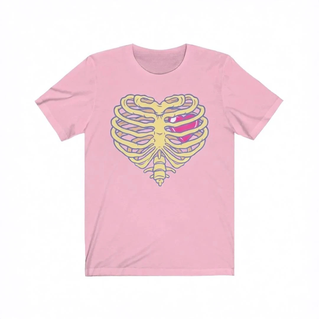 Rosa Rippen-Skelett-Fledermaus-Print Damen Oversized T-Shirt Halloween Pastell Goth Stil Kleidung Kawaii Streetwear Top Damen Herren T-Shirt – Detail 10
