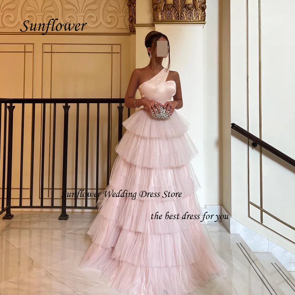 

Sunflower Pink One-Shoulder Evening Dress 2023 Slim Tiered Tulle A-LINE Prom dress Floor-Length Party Dress Princess Dress