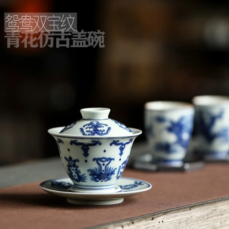 Shuangbao Firewood Burning Tureen Jingdezhen Ceramic Handmade Hand-Painted Lonicera Pattern Mandarin Duck Pattern Tea Brewing Bo