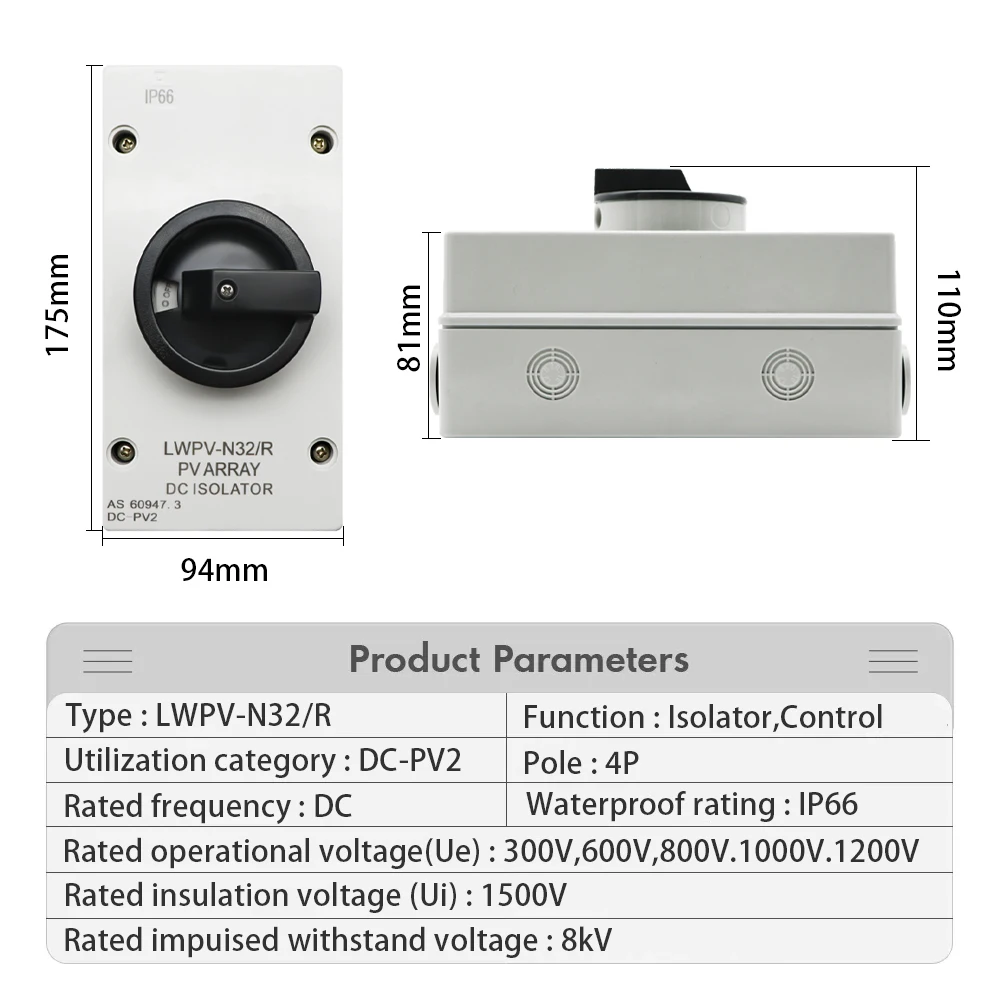 Imagem -02 - Isolador de Punho Rotativo Solar Impermeável Seccionador Interruptor Rotativo para Caixa de Distribuição Solar Lwpv-n32 r pv dc 1200v 32a Ip66