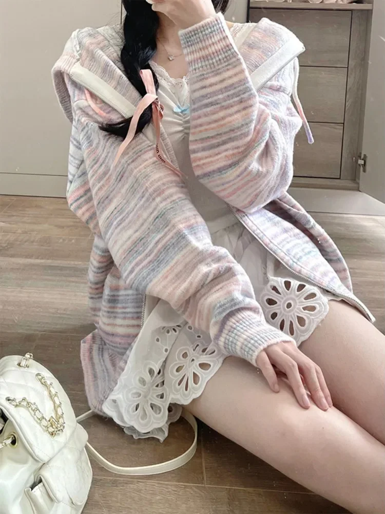 

Винтажный кардиган на молнии, женский корейский вязаный полосатый контрастный свитер с капюшоном, пальто 2024, свободные универсальные эстетические куртки Y2k