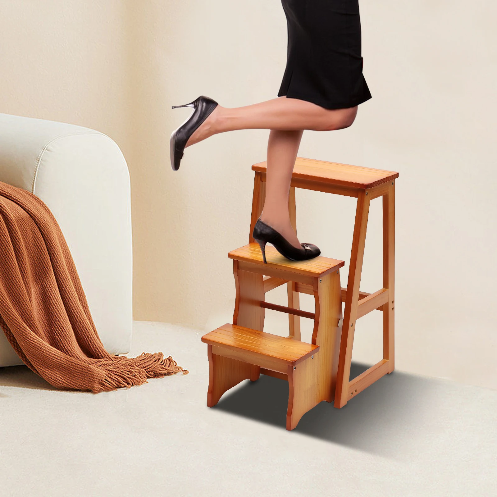 Rak Tangga, Kayu Solid Berkualitas Tinggi, Finishing Warna Madu, Desain Lipat, Stabilitas Tinggi dengan Kapasitas 264,55 lbs, Anti Selip