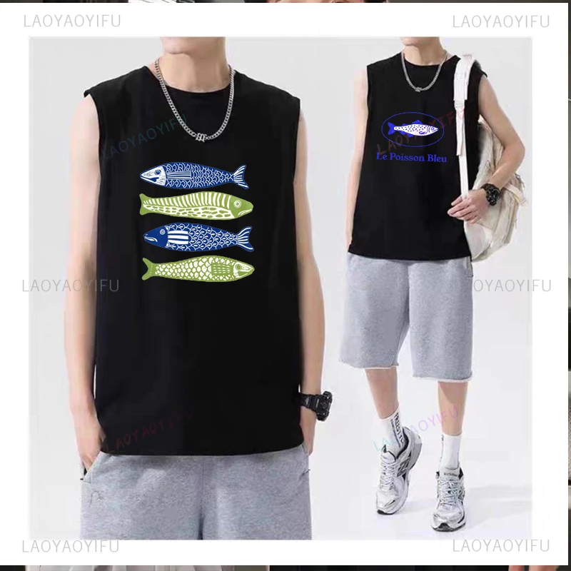 INAWLY Camiseta sin mangas con estampado de sardina, pescado enlatado, costa de tomate informal, moda de verano, estilo informal, sin mangas, ropa para hombres y mujeres