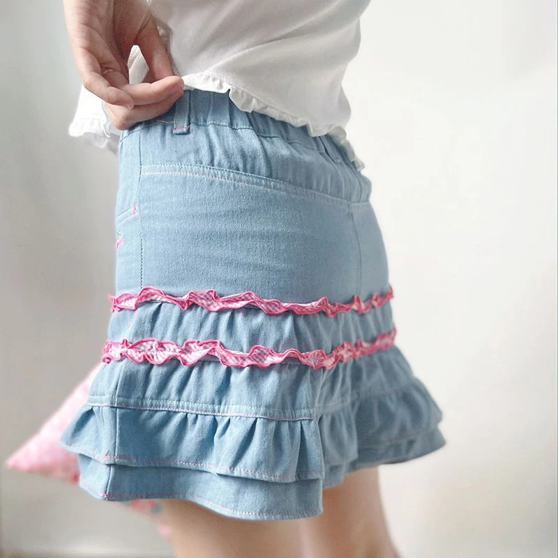 Japońska Słodka Lolita Mini Spódniczka Jeansowa Damska Kawaii Haft Falbanki Tort Spódniczki Letnia Moda Damska Y2K Spódniczki na Imprezę