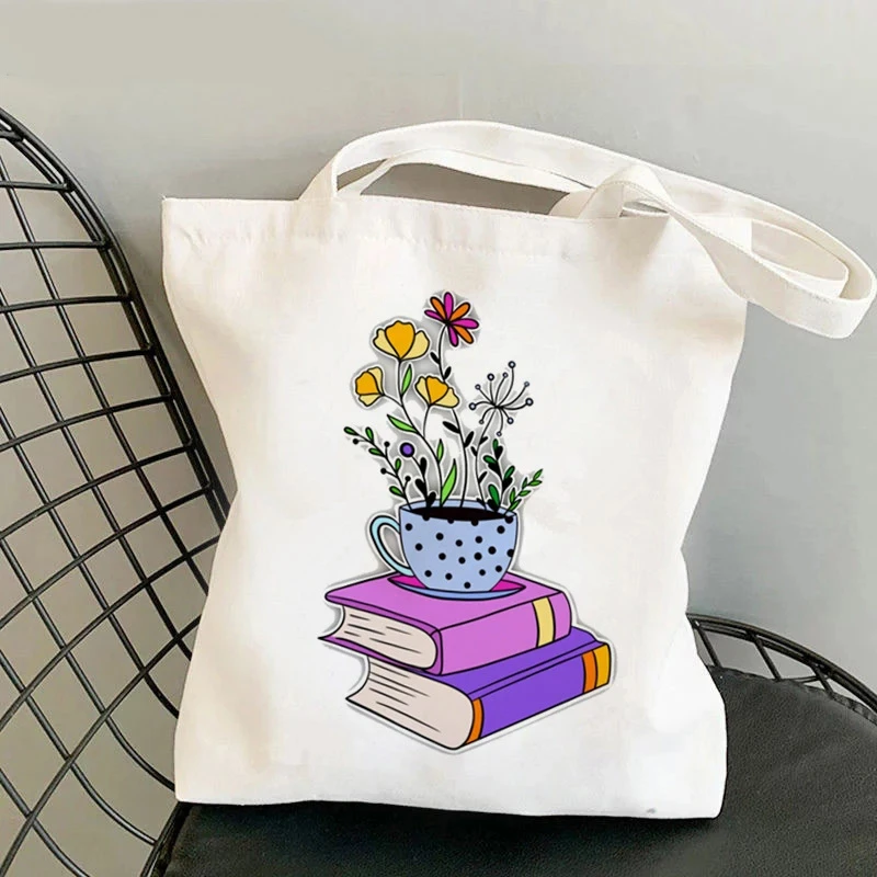 Flowery Books Printed Ladies Shoulder Bag Retro Canvas Tote Large Capacity Portable Eco-friendly Shopping Bag Student Schoolbag