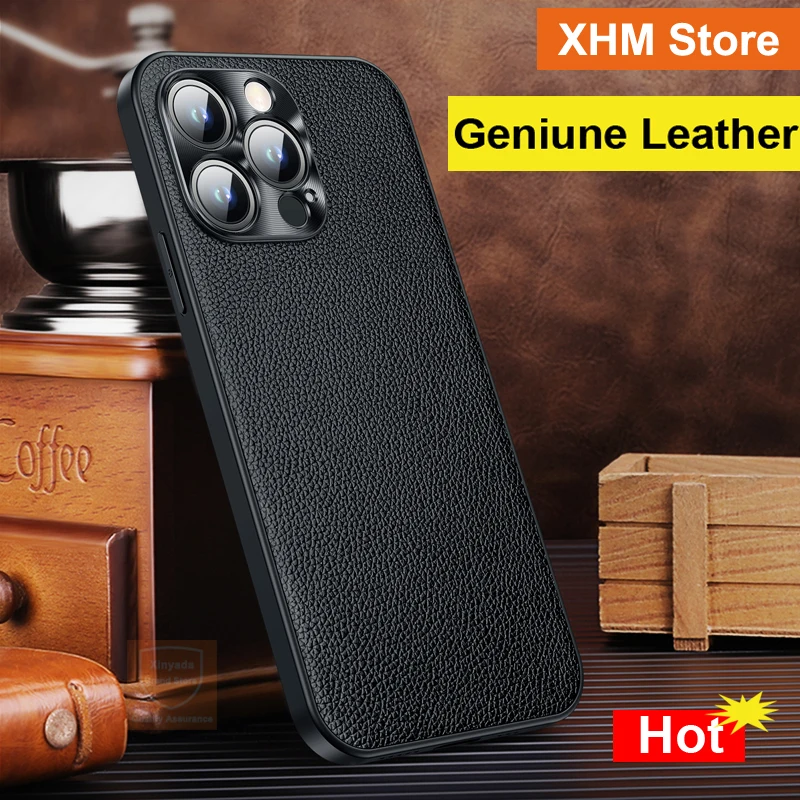 Geniune Leather Phone Case For iPhone 15 Pro Max Real Cowhide Case For iPhone 15 Pro Max iPhone15 Cover Luxury Shell Skin Bumper