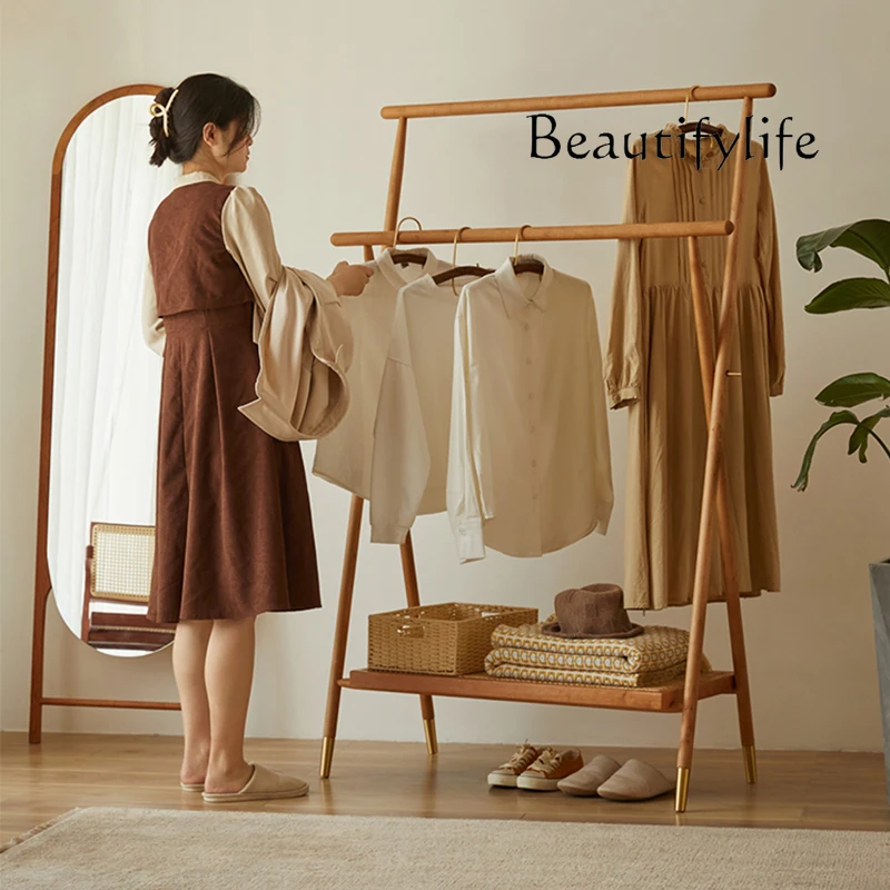 Hanging clothes floor coat rack drying rack foldable retro solid wood cherry wood movable bedroom bed
