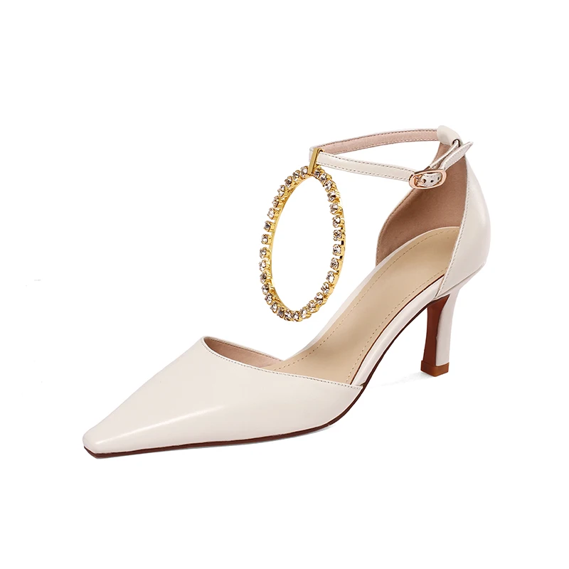 

Summer Women's Sandals Baotou Trip Strap Roman High Heels Fashion Cowhide Pointed Toe Stiletto Sandals Ring Female Dress Shoes