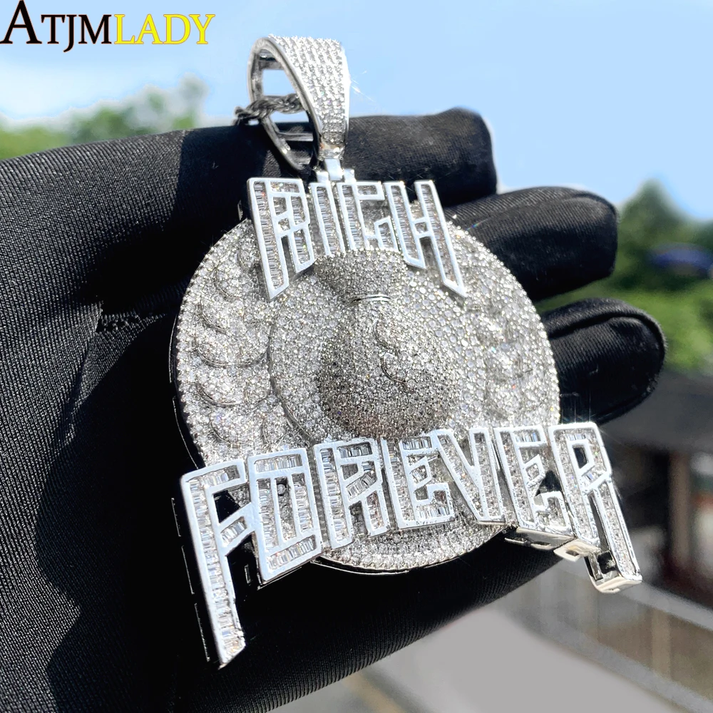 

Bling Cz Letter Iced Out Prong Setting Rich Forever Pendant Necklace for Men Gold Color Hip Hop Jewelry