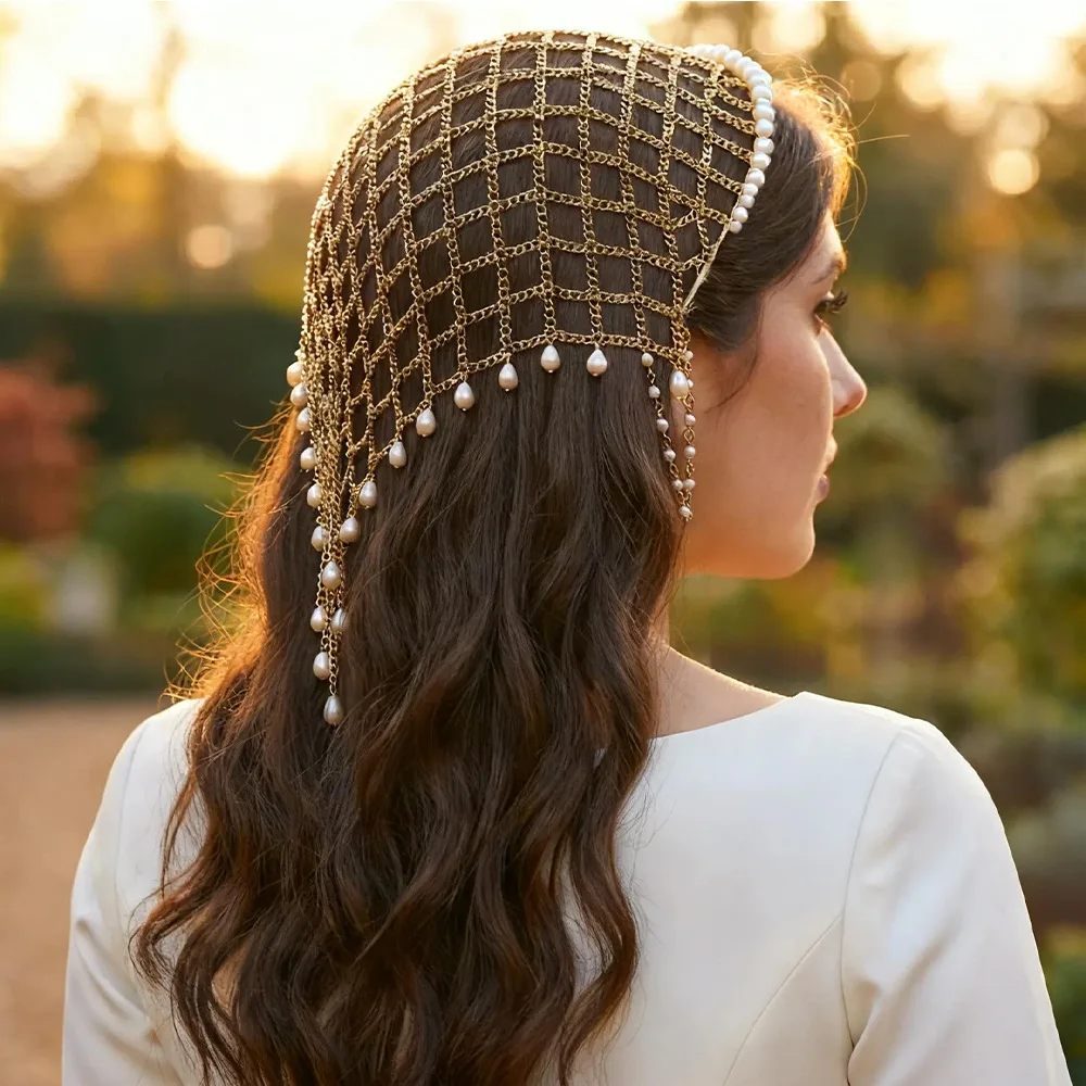 Bridal Pearl Beaded Mesh Face Veil Headpiece Tassel Head Chain Gatsby Flapper Statement Jewelry Wedding Party Prom