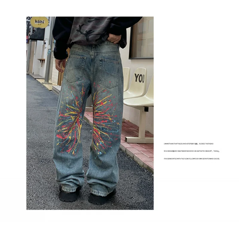 

Y2K paint splatter print denim jeans for men 2025 new style retro nostalgic loose oversized street cool mop pants