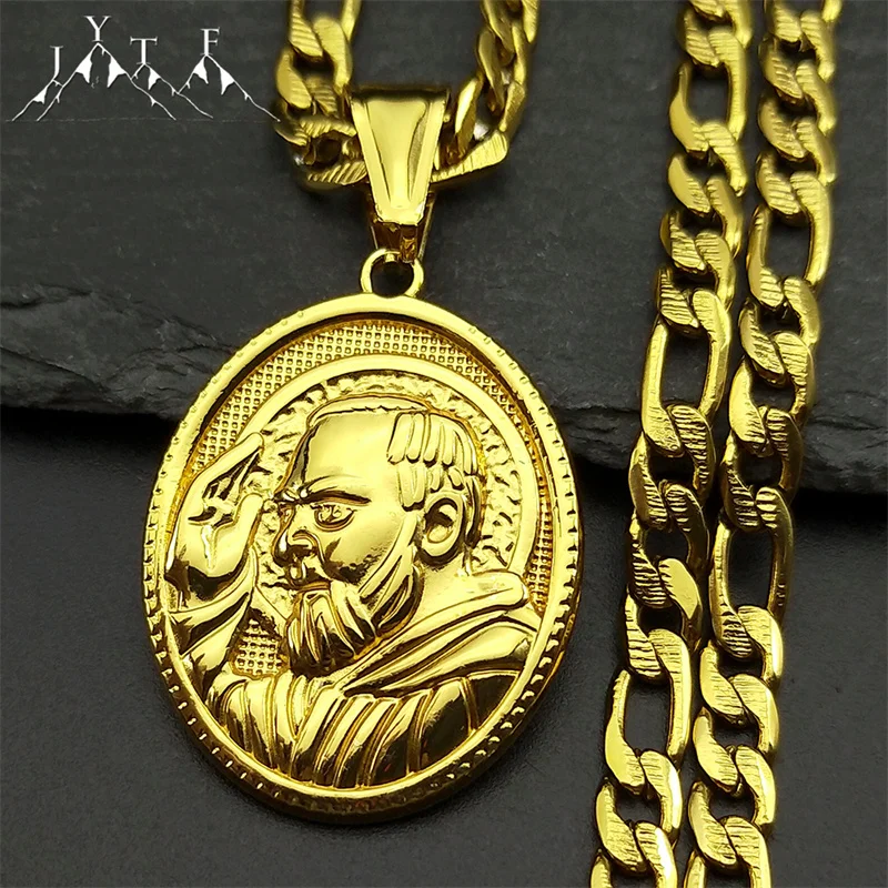 Padre Pio Saint Father Medalha Oval Colar para Mulheres Homens Aço Inoxidável Cor Dourada Amuleto Cristão Pingente Colares Jóias