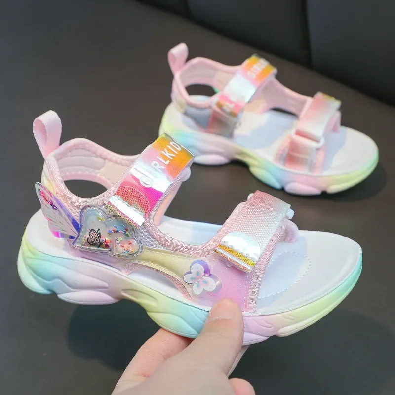 Girls Sandals 2024 Summer New Children's Breathable Sports Sandals Big Children's Anti-Slip Fashionable Sweet Beach Shoes