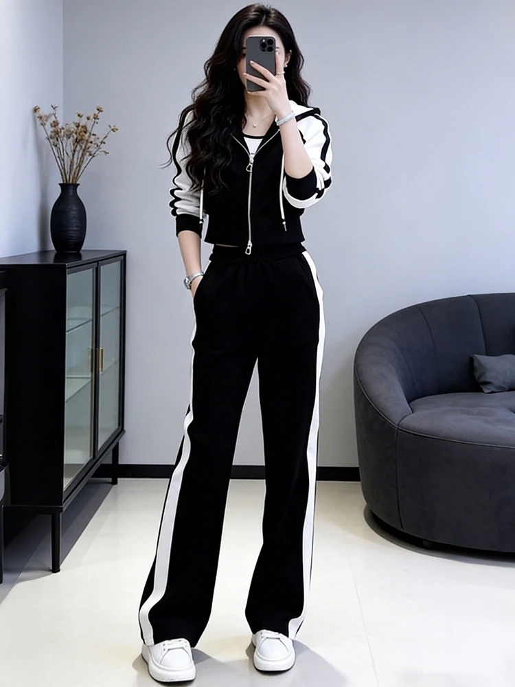 

Trendy Bla White Color Blo Hooded Two Piece Set Women's Spring New Waist Cinching Design Sensation Faionable Casual Spo...