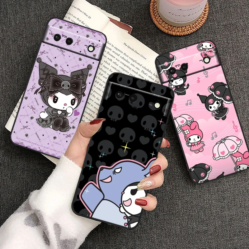 

Sanrio Kuromi Melody Exquisite For Google Pixel 9 8 7A 7 6A 6 5A 5 4 4A XL 5G Black Silicon Shockproof Shell Funda Phone Case