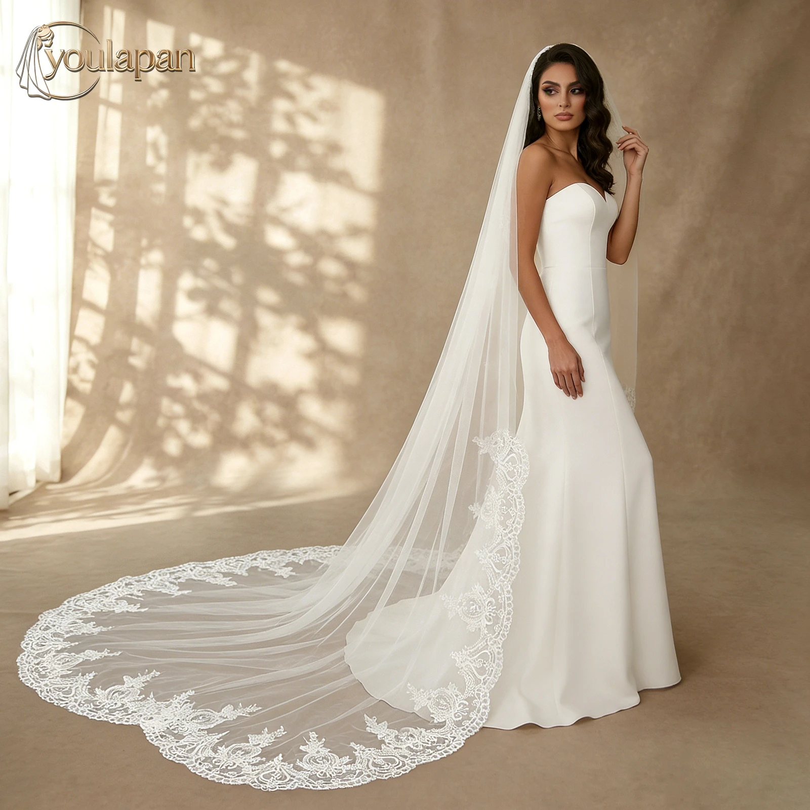 

TOPQUEEN Velo Sposa Alta Qualita Длинная кружевная свадебная фата, мягкая кружевная фата-катедрала, аксессуары для свадьбы класса люкс V166