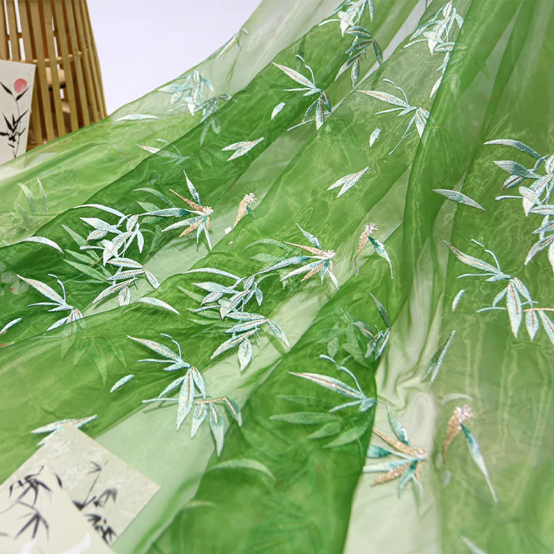 Chinese Style Heavy Industry Bamboo Embroidery Chiffon Fabric Transparent Soft Yarn Diy Sewing Hanfu Dress Cheongsam Costume