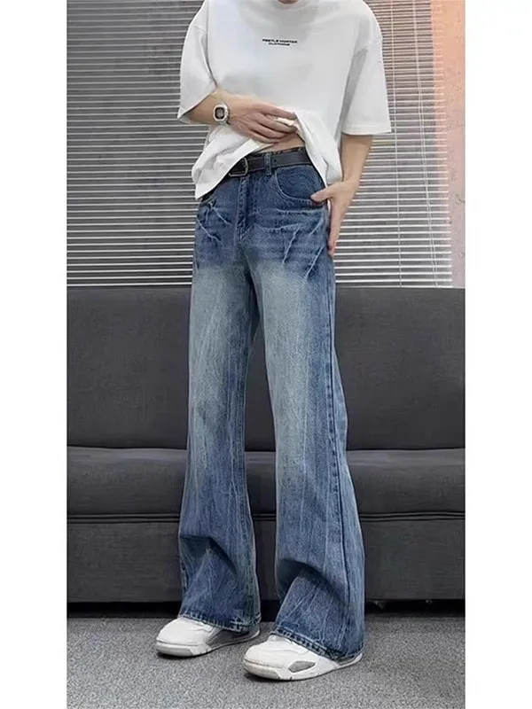 

Мужские джинсы с рисунком молнии в американском стиле ретро, летние трендовые свободные прямые брюки, повседневные длинные брюки-клеш