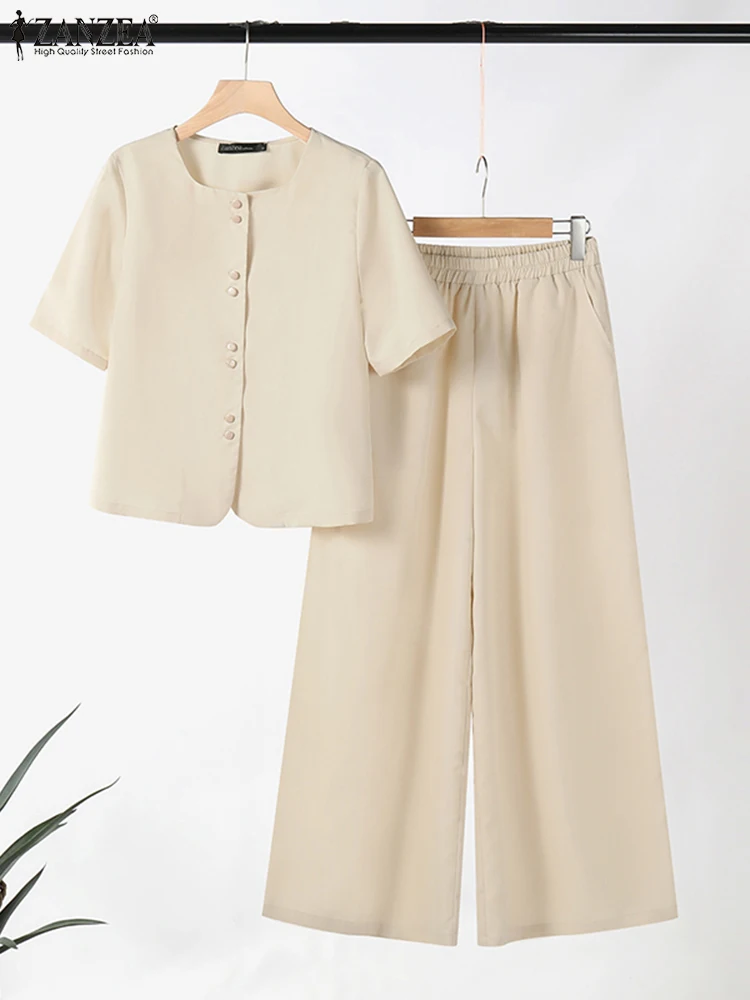 ZANZEA Fashion Square Collar Short Sleeve Shirt Pant Sets Casual Wide Leg Trouser Top and Pant 2pcs Outfits Korean Elegant Suits