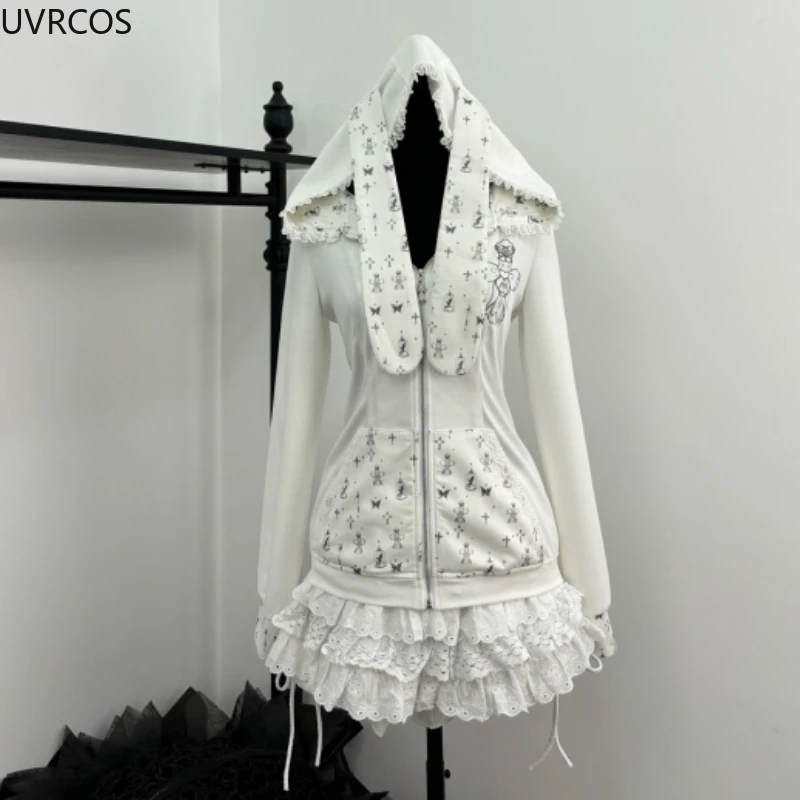 Y2k Aesthetic Lolita Style 2 Piece Set Women Kawaii Print Bunny Ear Hooded Sweatshirt Jacket Ruffle Mini Skirt Gothic Skirt Suit