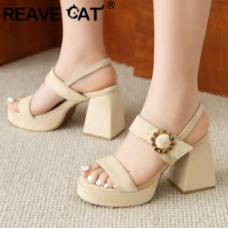 REAVE CAT Spring Women Sandals Chunky High Heels 9cm Platform 32 33 Big Size 45 46 Flock Suede Buckle Strap Fashion Party Shoes