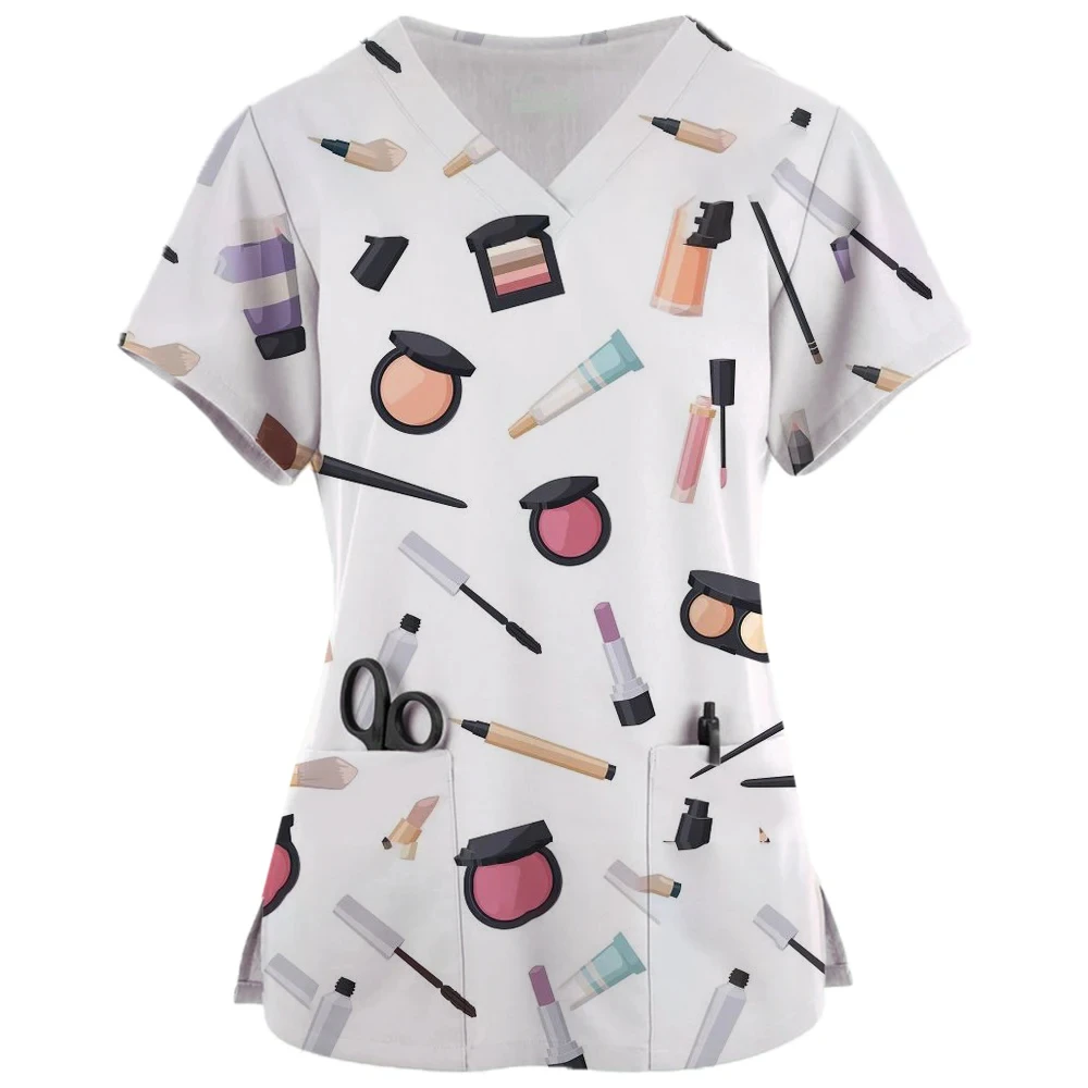 Women's Medical Uniforms Cartoon Cosmetic Print Hair Dresser Nursing Tops Fashion V-Neck Short Sleeve Spa Scrub Medical Woman