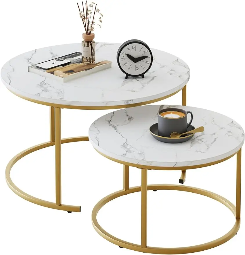 

Nesting Coffee Table 31.5IN Set of 2, White Faux Marble Gold Steel Frame Circular and Round Large Wooden Tables 31in