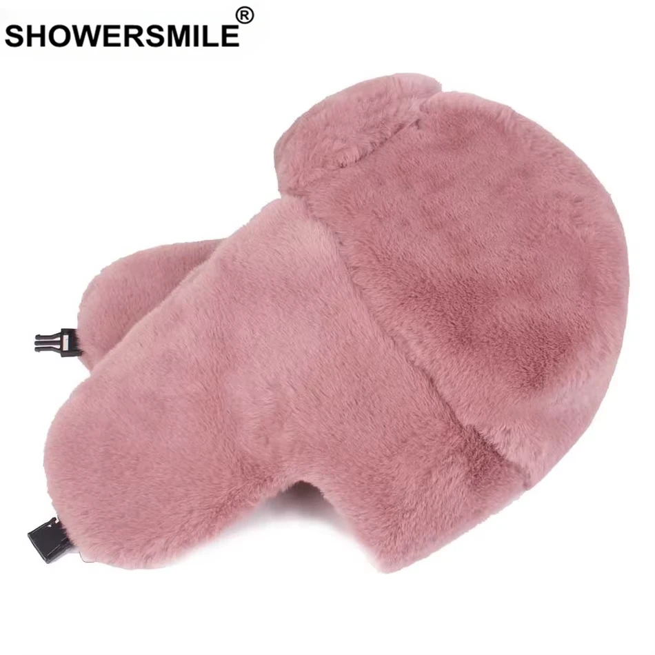 SHOWERSMILE Black Faux Fur winter Caps Women Bomber Hats Pink trapper Hat Warm Female Thick Solid Ear Flaps Ushanka Hat Fashion