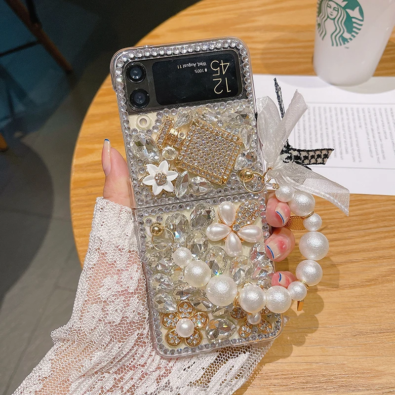 DIY Diamond Flowers Clear Hard Phone Case For Samsung Galaxy Z Flip 3 Luxury Pearl Long Chain Bracelet  Bling Rhinestone Cover