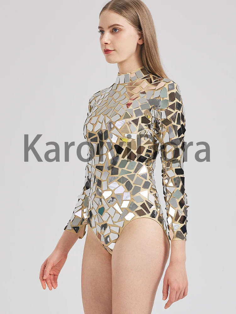 2023 Sparkly Silver Mirrors Bodysuit Sexy LongSleeves Leotard Gogo Stage PerformanceDancer Costume Birthday Celebrate