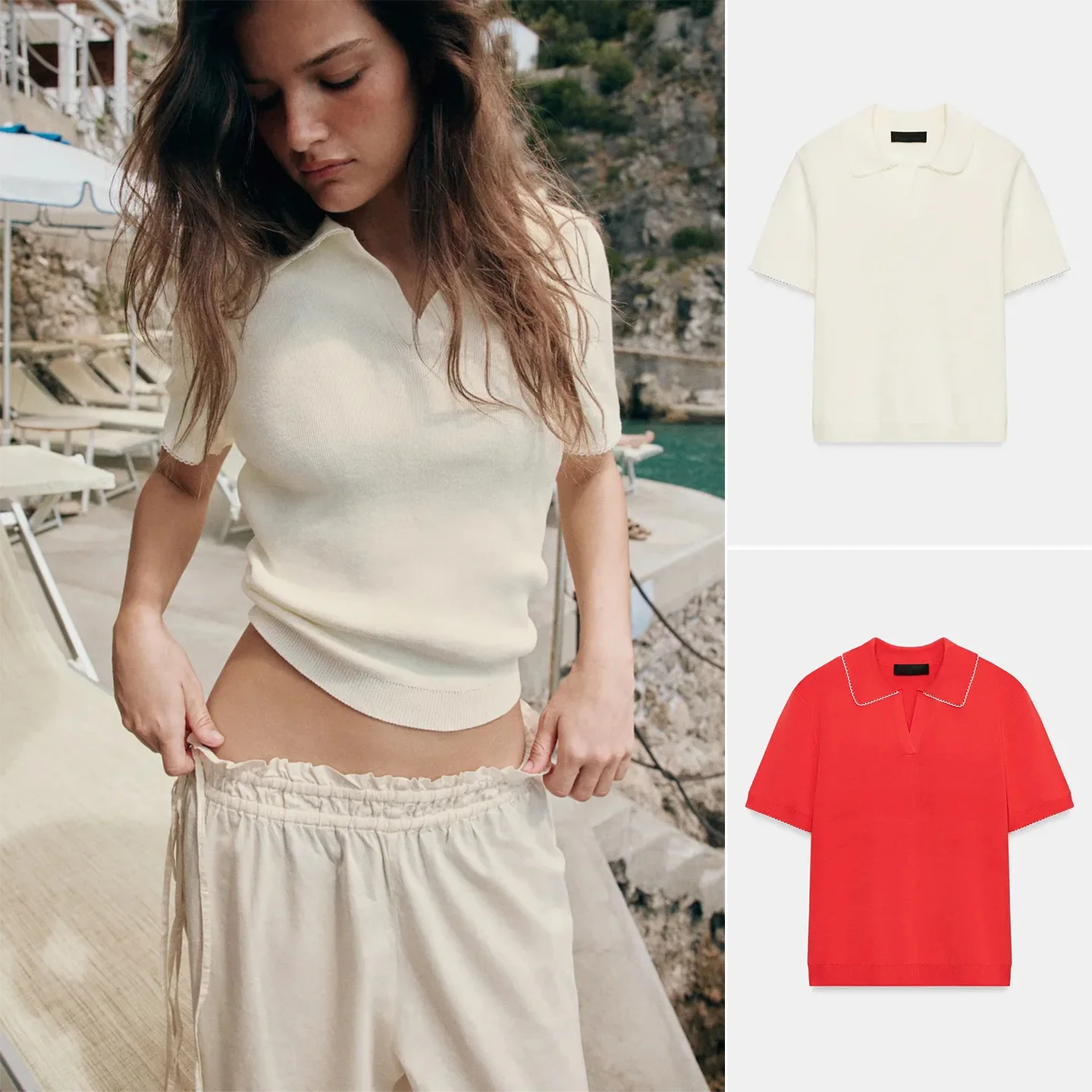

Summer New Women's Knitted Short Sleeve Decorative Lace Trim Shirt Casual Loose Fit Polyester Fiber Pure Color Neck