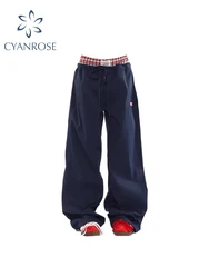 Women Navy Baggy Pants Vintage Y2k Sweatpants Streetwear Parachute Pants Harajuku 90s Aesthetic Wide Leg Trousers 2000s Clothes
