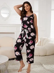 Plus Size V Neck Women Pajama Set Sleeveless Floral Top&Elastic Waist Drawstring Capri Pants Female 2 Piece Sleepwear Nightwear