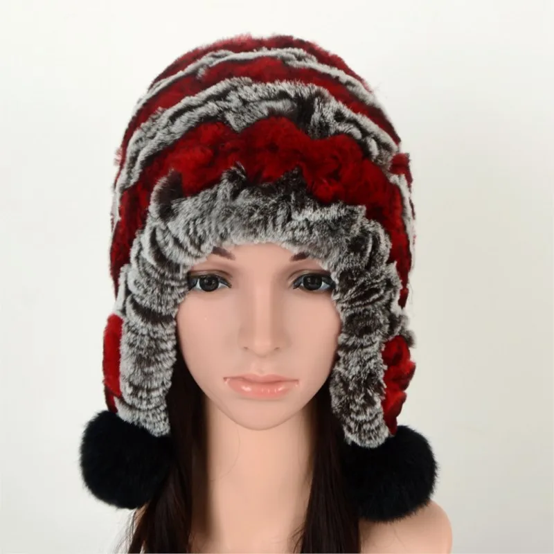 Fashionable wool hat for women thickened warm and ear-protecting fur knitted real