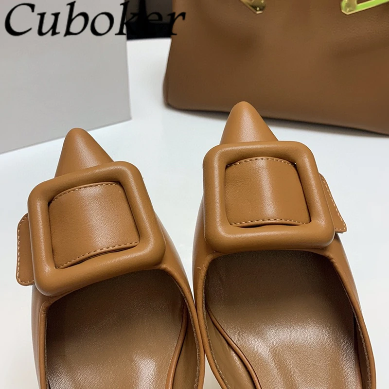 2024 Summer Pointed Wrap Toe Suede Leather Flat Slippers For Women Elegant Square Buckle Mules Fashion Dress Slides Shoes Ladies