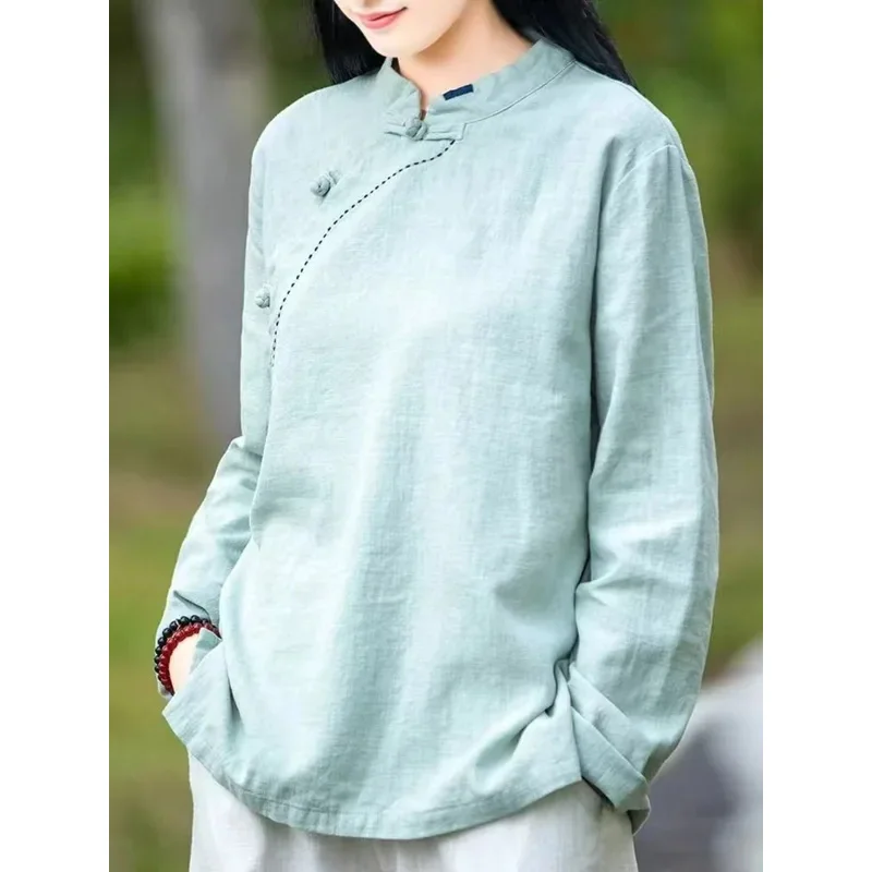 T-shirts d'automne avec Design chinois pour femmes, chemise respirante en coton et lin pour dames, chemisier Hanfu traditionnel chinois, nouvelle collection