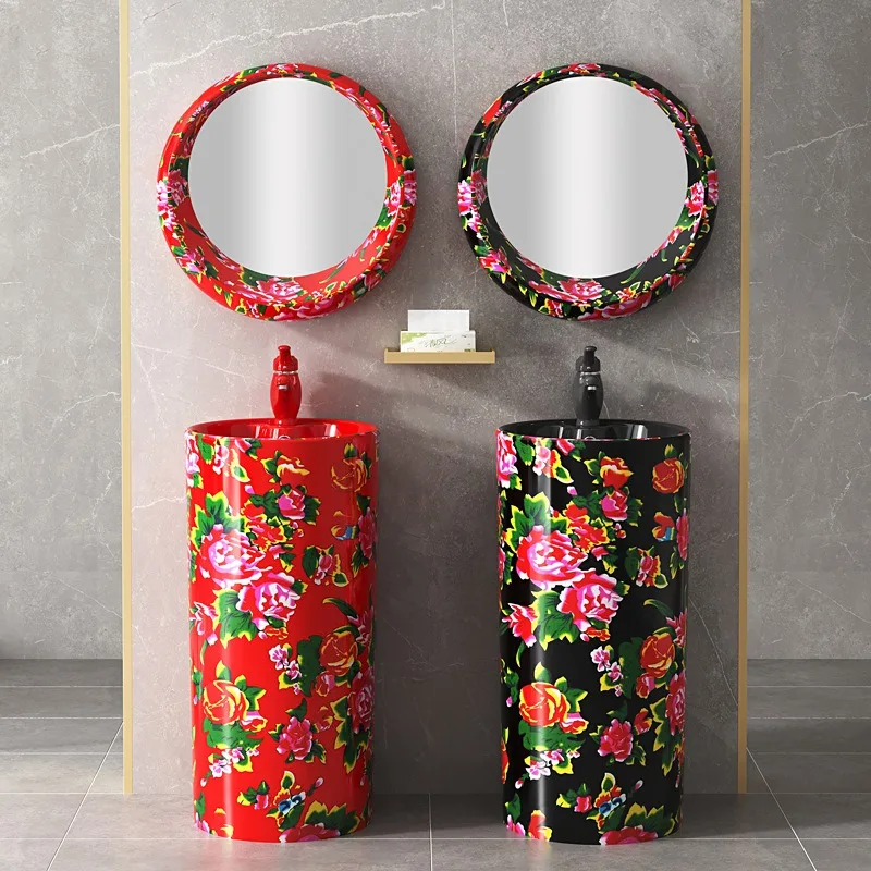 Large flower jacket column basin floor-to-ceiling small apartment characteristic washing table integrated ceramic