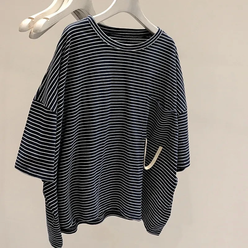 

Женская футболка больших размеров с круглым вырезом, в полоску, с коротким рукавом, свободного кроя, повседневный топ в корейском стиле, летняя модная одежда для отдыха, до 300 фунтов