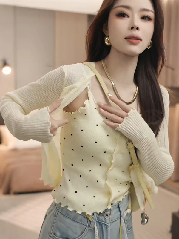 

Sweet Ele с кружевной отделкой, солнцезащитный вязаный кардиган, женский облегающий жилет на бретельках в горошек, комплект из двух предметов, летний топ